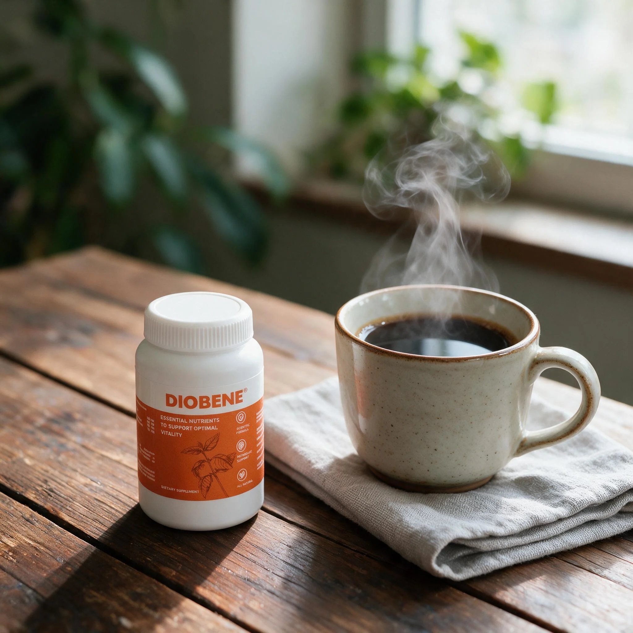 Diobene frasco junto a taza de café en ambiente matutino