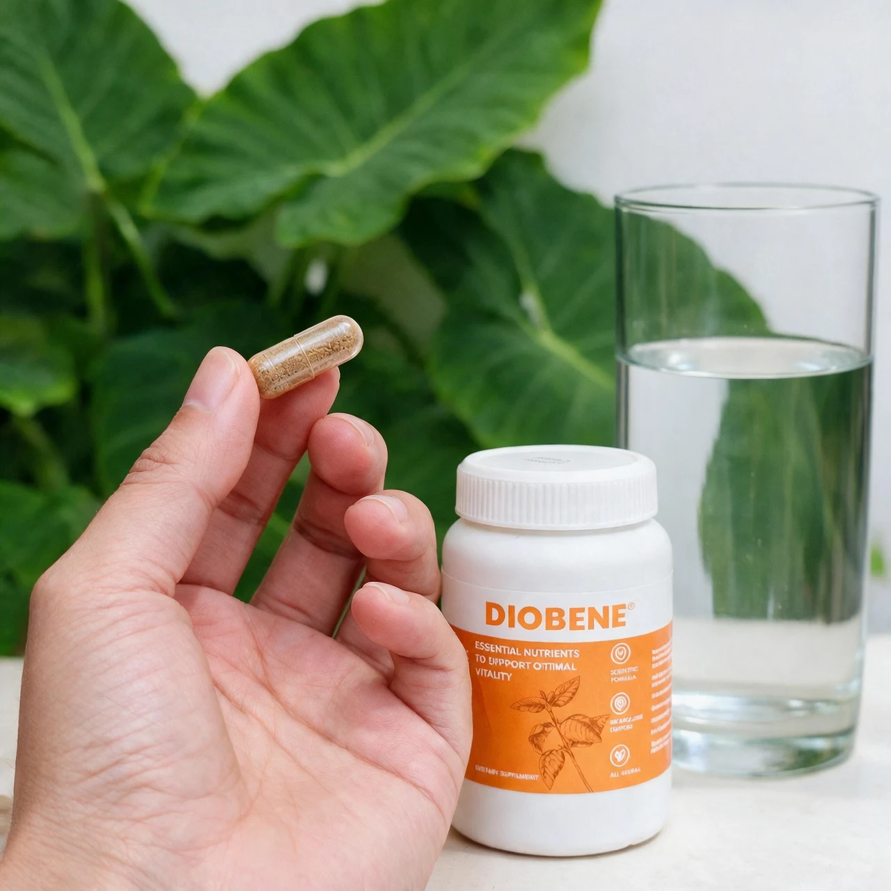 Diobene frasco junto a vaso de agua para una ingesta responsable